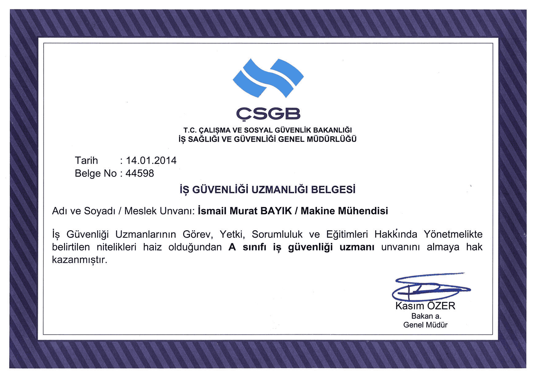 A SINIFI İŞ GÜVENLİĞİ UZMANLIĞI -CERT