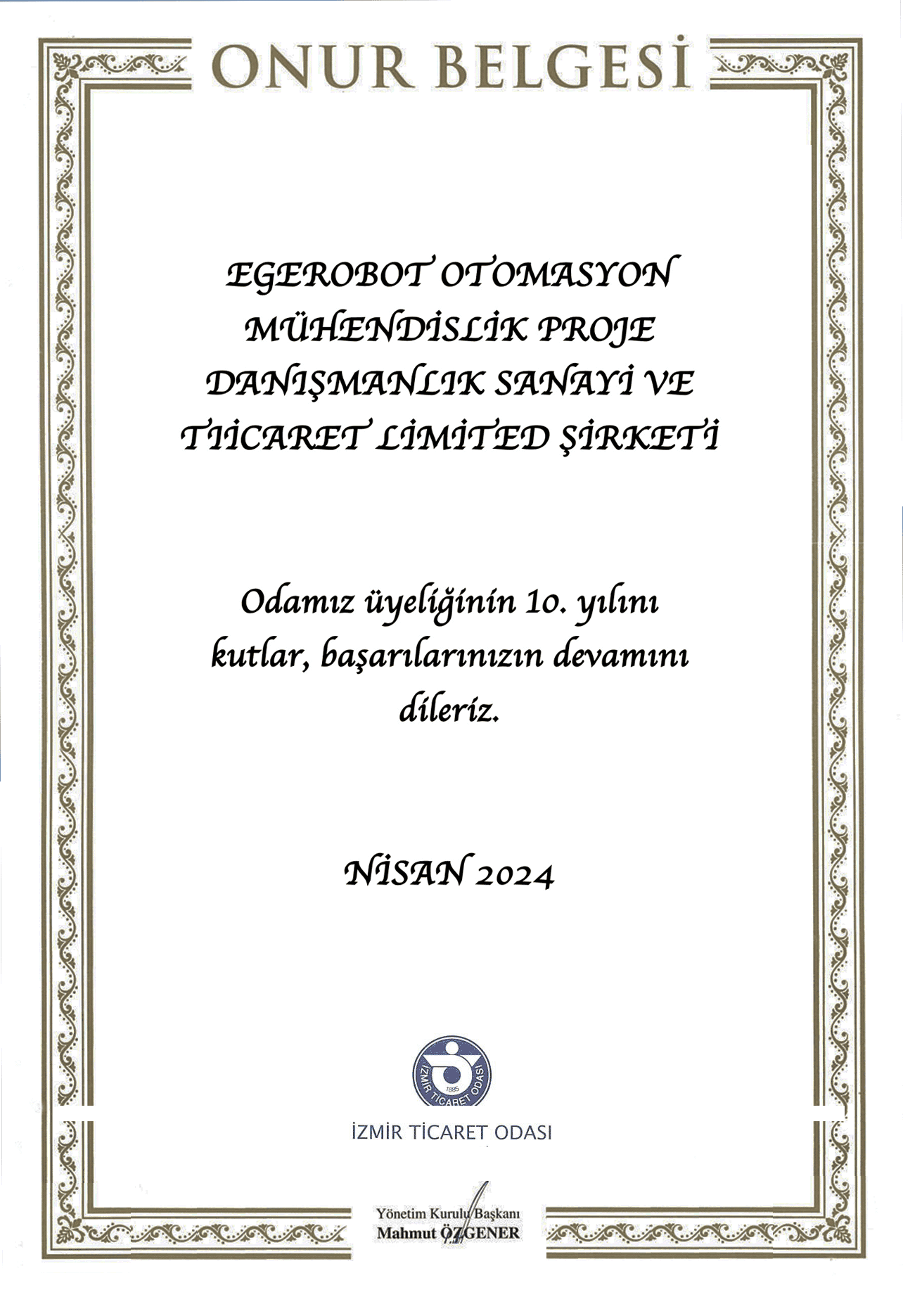 İZTO 10.YIL ONUR -CERT