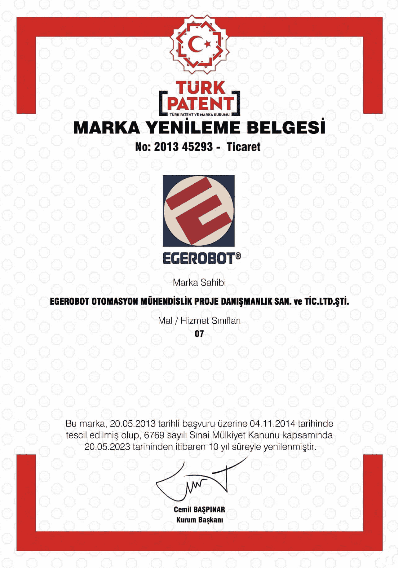 EGEROBOT® MARKA TESCİL